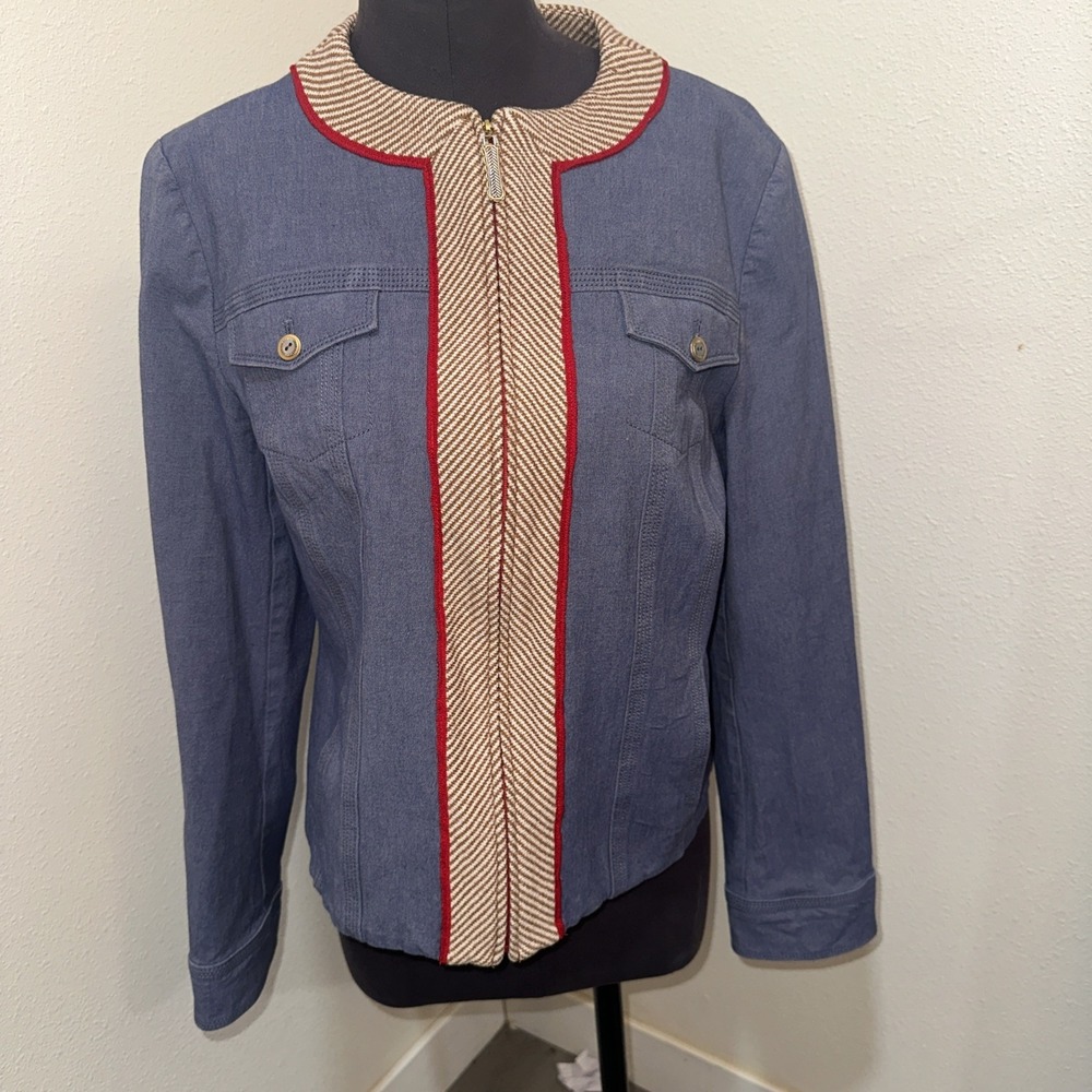 St John Sport Jacket Full Zip Women's Denim Knit Trim Size L Blue